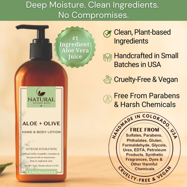 Lemongrass Body Lotion | Aloe & Olive Hand & Body Lotion for Dry Skin Relief - Organic