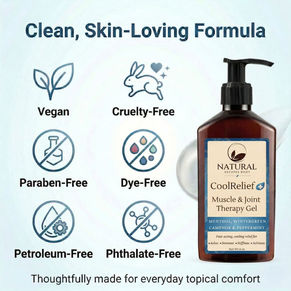 Clean cooling gel formula for sore muscles and aching joints that is vegan, cruelty free, paraben free, dye free, petroleum free, and phthalate free