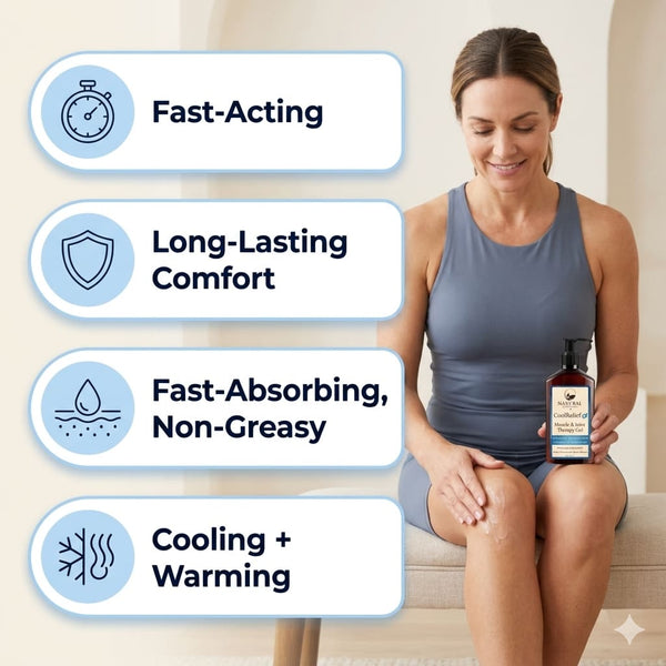 Applying Natural Escapes Body CoolRelief+ Muscle & Joint Therapy Gel to a sore knee for fast-acting, targeted pain relief and exercise recovery.