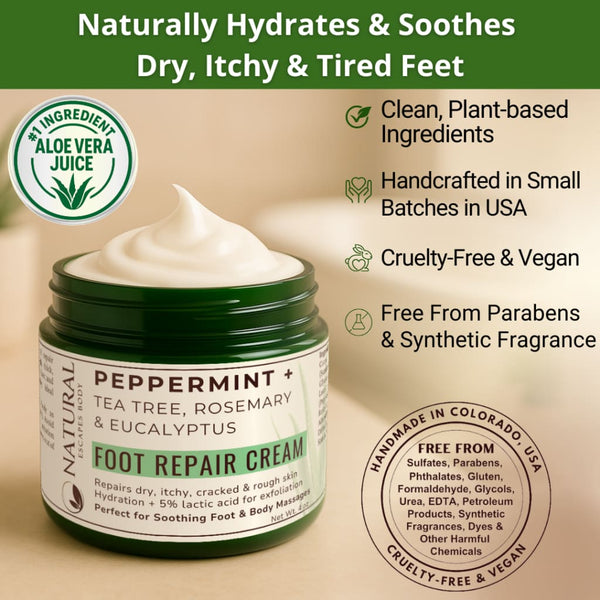 Peppermint & Tea Tree Foot Cream | 5% Lactic Acid for Dry Cracked Heels - Organic Skin