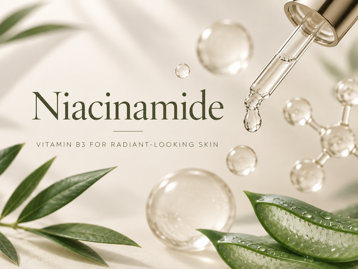 Niacinamide skincare graphic representing vitamin B3 benefits for mature skin, dark spots, wrinkles and skin barrier support