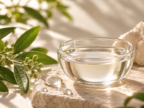 Clear vegetable glycerin in a glass bowl with botanical leaves for dry skin hydration and moisture barrier support