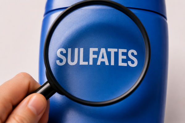 Magnifying glass highlighting sulfates on a shampoo bottle label
