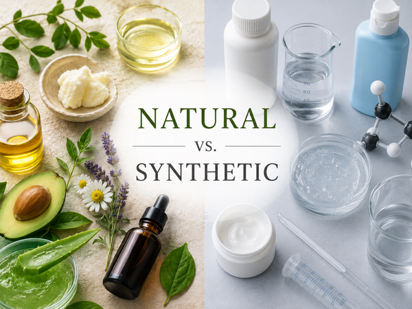 Natural vs. synthetic skincare ingredients with plant oils and cosmetic lab ingredients