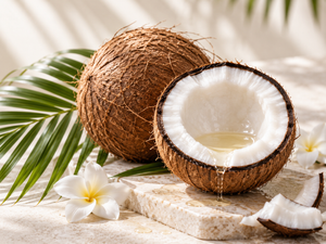 coconut half with oil showing benefits of coconut oil for skin and hair
