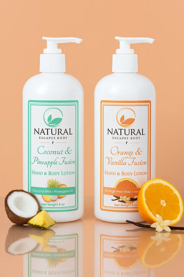 bottles of the new Fusion line, the best natural and organic hand & body lotion for dry skin 