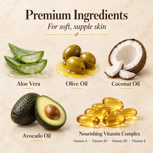 Face cream ingredients including aloe vera, olive oil, coconut oil, avocado oil and vitamins A, B3, B5 and E