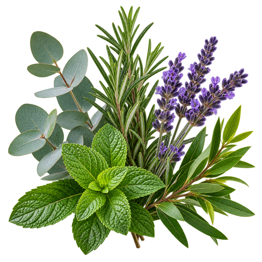 Peppermint, Tea Tree, Eucalyptus, Rosemary + Lavender