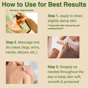 How to use lemongrass hand and body lotion by applying to clean slightly damp skin, massaging into dry areas, and reapplying as needed