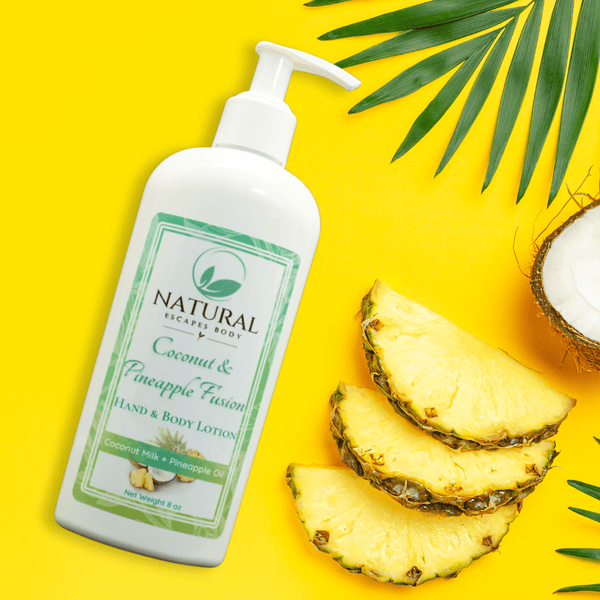 bottle of pineapple scented hand lotion and body lotion all natural lotion for dry skin