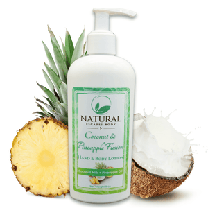 bottle of coconut hand and body lotion for dry skin aging skin crepe skin pineapple oil for skin