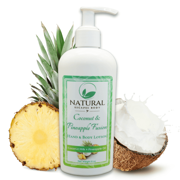 bottle of coconut hand and body lotion for dry skin aging skin crepe skin pineapple oil for skin