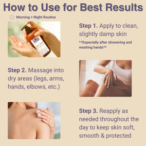 How to use lavender hand and body lotion by applying to clean dry skin, massaging into dry areas, and reapplying as needed