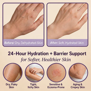 Lavender hand and body lotion before and after results showing 24-hour hydration, barrier support, softer skin, and smoother dry skin