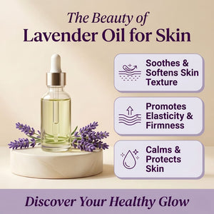 Lavender oil skincare benefits for dry skin including softer skin texture, promoting skin firmness, calming the skin, and supporting healthy glow