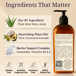 Natural lavender lotion ingredients including aloe vera juice, nourishing plant oils, barrier support complex, and lavender essential oil