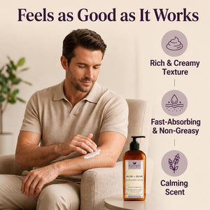 Man applying lavender body lotion for soft creamy texture, relaxing scent, fast-absorbing moisture, and calming skin comfort