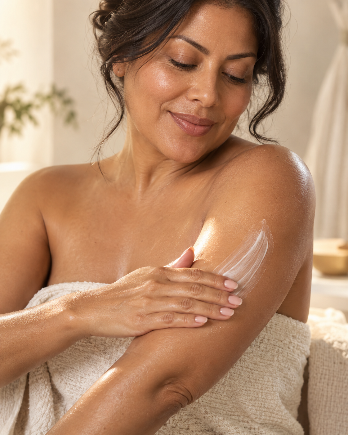Middle-aged woman applying Lavender Hand & Body Lotion to her arm in a warm spa-like setting
