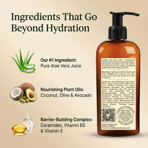 Natural lemongrass lotion ingredients with aloe vera, plant oils, barrier support complex, vitamins, and lemongrass essential oil for dry skin
