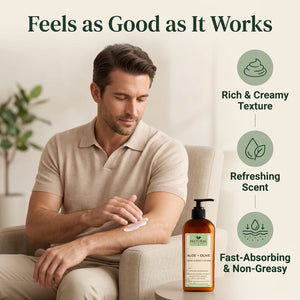 Man applying lemongrass body lotion for soft creamy texture, refreshing scent, fast-absorbing moisture, and daily skin comfort