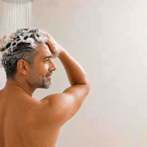 A man with gray hair and a beard is washing his head under running water, covered in white soap suds.
