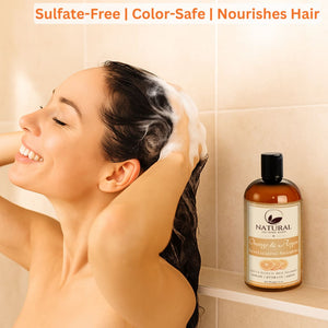 Natural shampoo with orange and argan oil for clean, refreshed hair