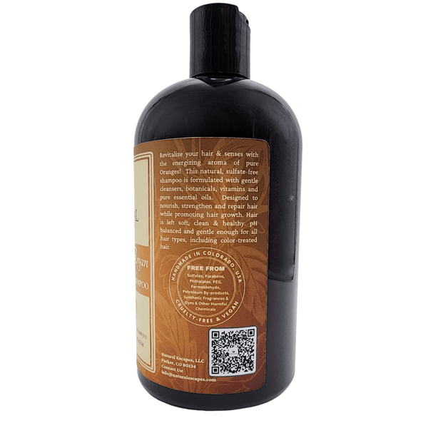 side of bottle of gentle shampoo natural organic soft hair citrus shampoo orange oil for hair