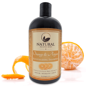 bottle of orange shampoo for dry hair oily hair hair loss hair growth damaged hair split ends