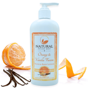 bottle of natural orange body lotion citrus lotion for dry skin, eczema, tattoos