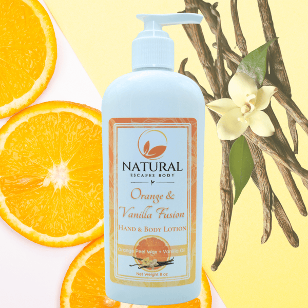 bottle of orange vanilla body lotion with orange essential oil and vanilla oil hydrating body lotion