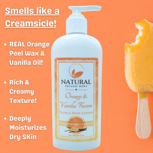 Natural Escapes orange vanilla fusion lotion bottle and label