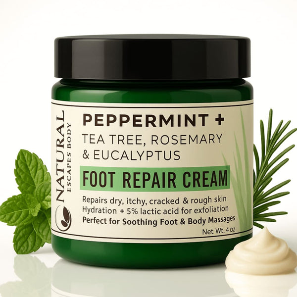 Peppermint & Tea Tree Foot Cream | 5% Lactic Acid for Dry Cracked Heels 4 oz Organic Skin
