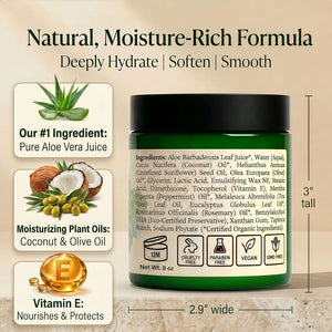 Natural Escapes peppermint foot cream formula showing aloe vera, coconut oil, olive oil, sunflower oil, vitamin B5, vitamin E, and ingredient label