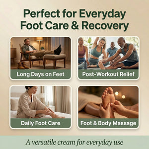 Natural foot cream for dry feet, foot massage, long days on feet, foot workouts, daily foot care, and heel recovery massage