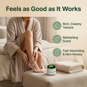 Woman applying peppermint foot cream to dry feet for softer heels, smoother skin, and daily foot care