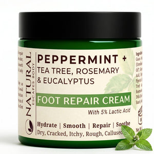 8-ounce jar of Natural Escapes peppermint foot cream for dry feet, cracked heels, rough skin, and calluses