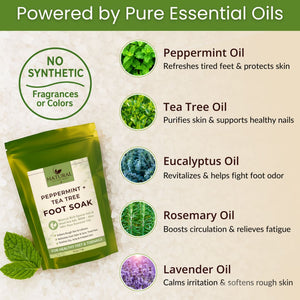 Peppermint foot soak with pure essential oils including tea tree, eucalyptus, rosemary, and lavender, no synthetic fragrances or colors - Natural Escapes Body