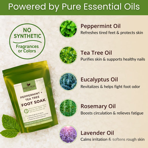 Peppermint foot soak with pure essential oils including tea tree, eucalyptus, rosemary, and lavender, no synthetic fragrances or colors - Natural Escapes Body
