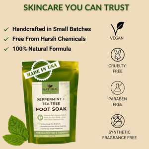 Natural peppermint foot soak made in USA, vegan, cruelty-free, paraben-free, and synthetic fragrance free - Natural Escapes Body