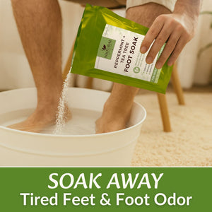 Peppermint and tea tree foot soak being poured into foot bath for tired feet and foot odor relief - Natural Escapes Body