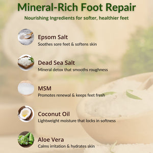 Peppermint foot soak ingredients with Epsom salt, dead sea salt, MSM, coconut oil, and aloe vera for soft healthy feet - Natural Escapes Body