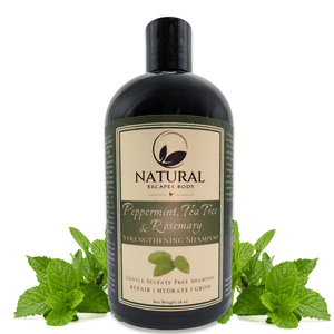 bottle of peppermint tea tree rosemary shampoo for hair growth hair loss dry hair color treated hair