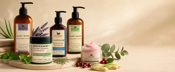 Three amber glass bottles with black pump dispensers, labeled ’natural’ and featuring ’aloe + olive hand & body lotion,’ are arranged on a wooden tray alongside other skincare products.