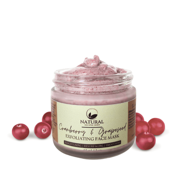 A jar of pink face mask with cranberry illustrations.  Contains natural cranberry and grapeseed oil with alpha hydroxy acids
