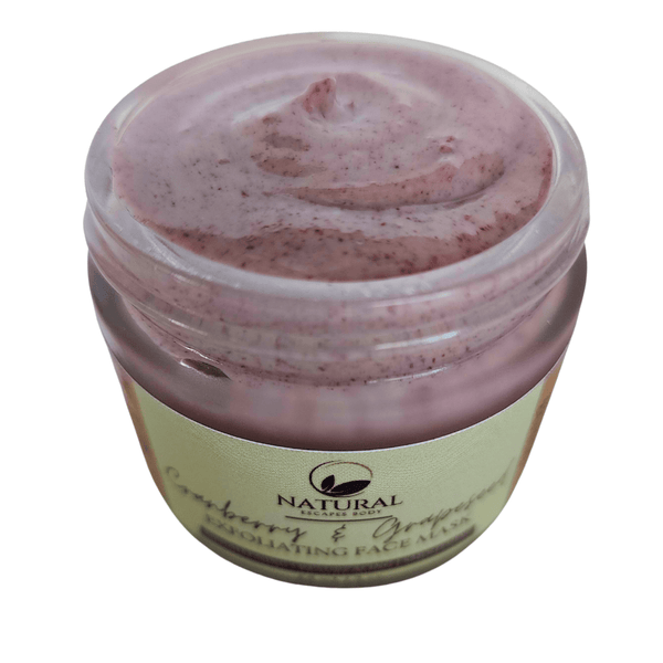 a luxurious exfoliating mask in a jar, featuring cranberries and grapeseed oil.  Infused with alpha hydroxy acids