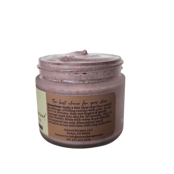 jar of AHA exfoliating face mask with cranberry and grapeseed oil. Gentle exfoliation reveals smoother, more radiant skin